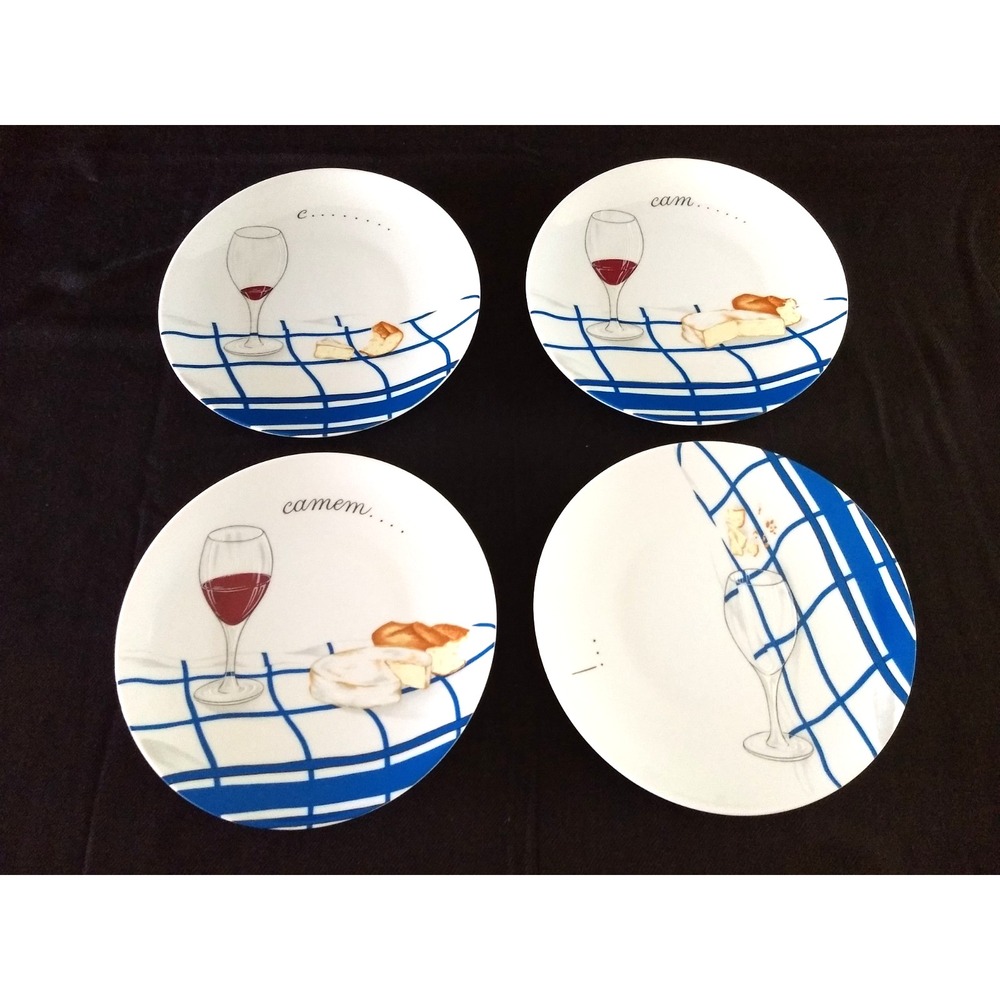 Limoges Porcelaine de Sologne Canape Plates France Camembert Cheese & Wine Set/4